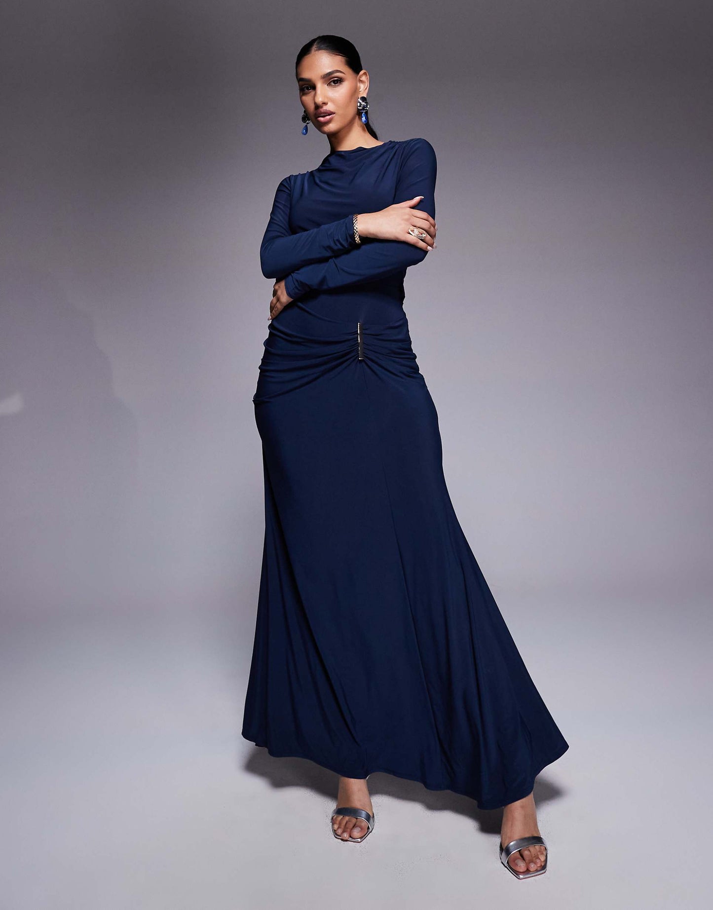 Long Sleeve Drape Maxi Dress With Hitched Skirt And Trim