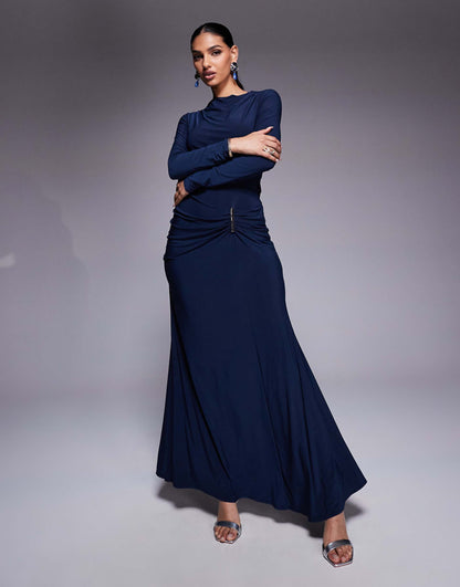 Long Sleeve Drape Maxi Dress With Hitched Skirt And Trim