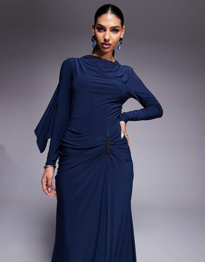 Long Sleeve Drape Maxi Dress With Hitched Skirt And Trim