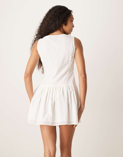 Slash Neck Button Down Dropped Waist Mini Dress