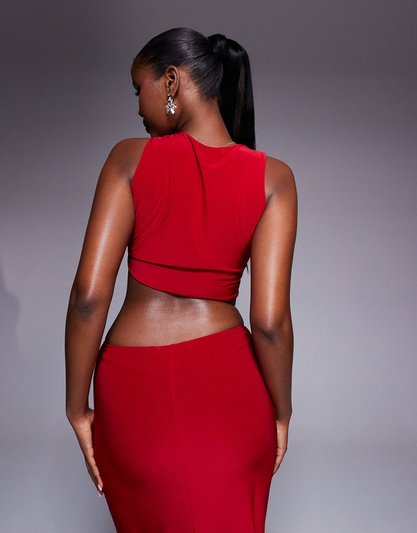 Double Layered Slinky Twist Side Detail High Neck Crop Top Co-Ord