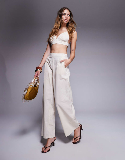 Linen Look Elasticated Waist Wide Leg Trousers Co-Ord