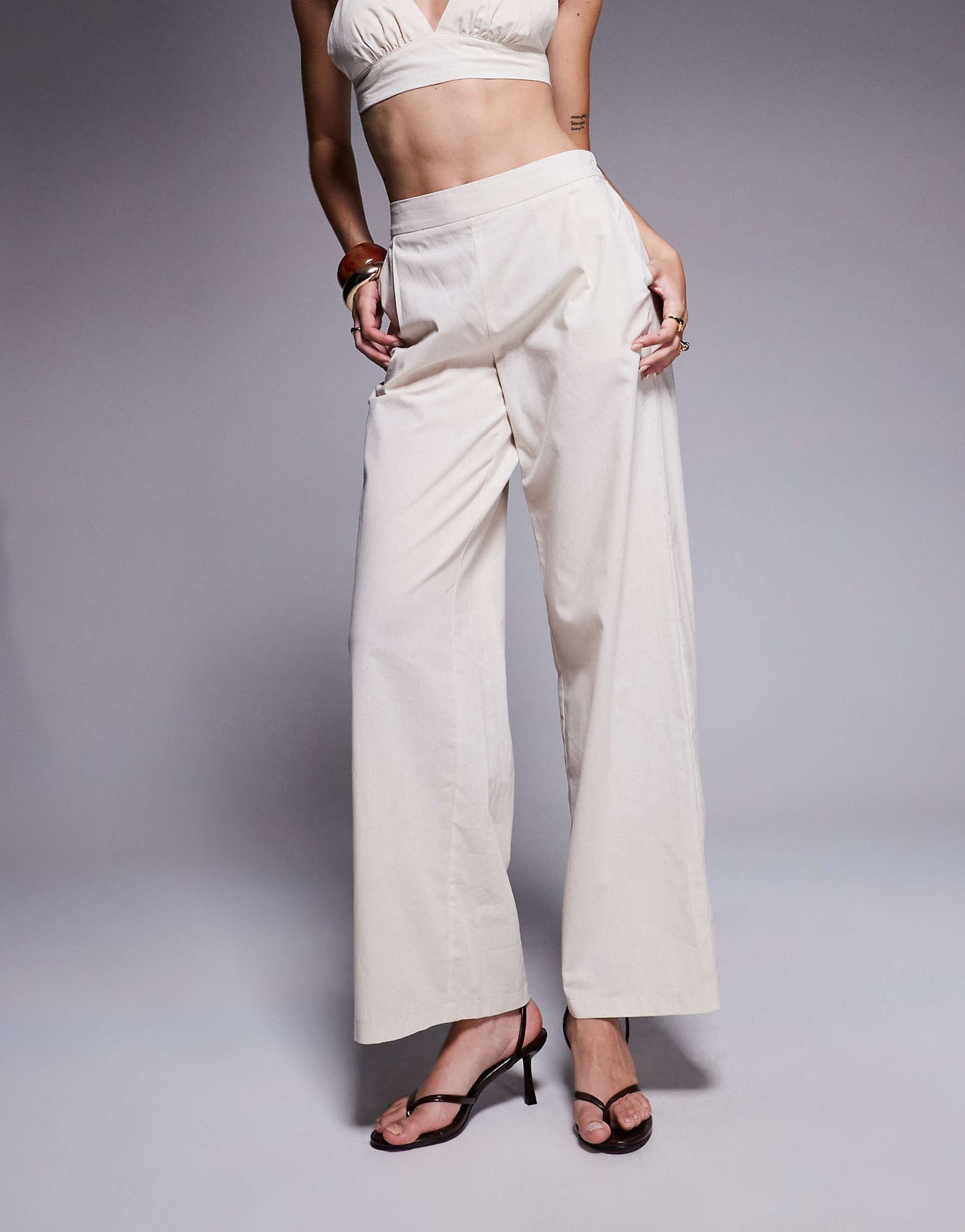 Linen Look Elasticated Waist Wide Leg Trousers Co-Ord
