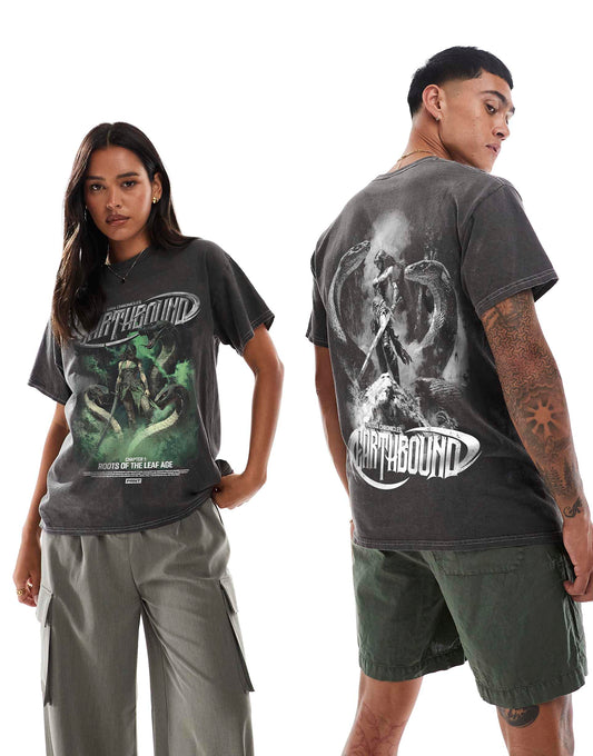 Earthbound Roots Front Print And Back Print Washed T-Shirt