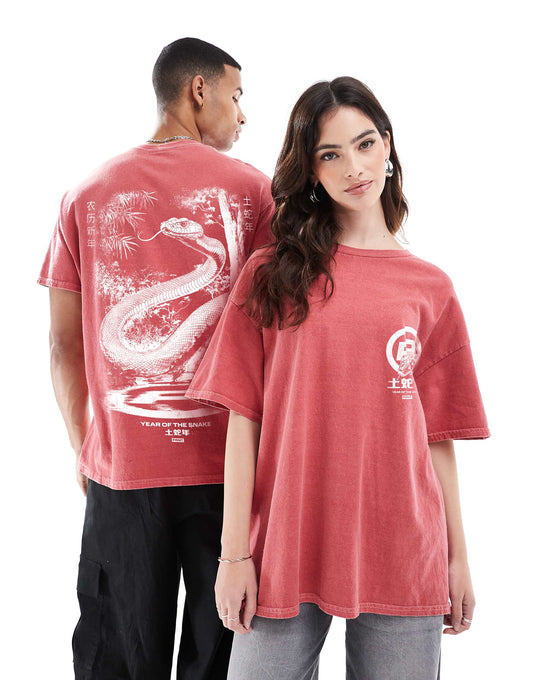 Cny Classic Front Print And Back Print Washed T-Shirt