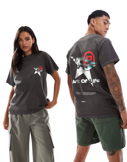Aol Star Front Print And Back Print Washed T-Shirt