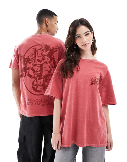 Heaven Sent 3.0 Red Front Print And Back Print Washed T-Shirt