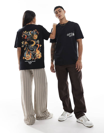 Tattoo Snake Cny Front Print And Back Print Relaxed T-Shirt