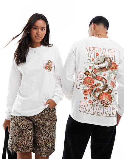 Year Of The Snake White Front Print And Back Print Long Sleeve T-Shirt