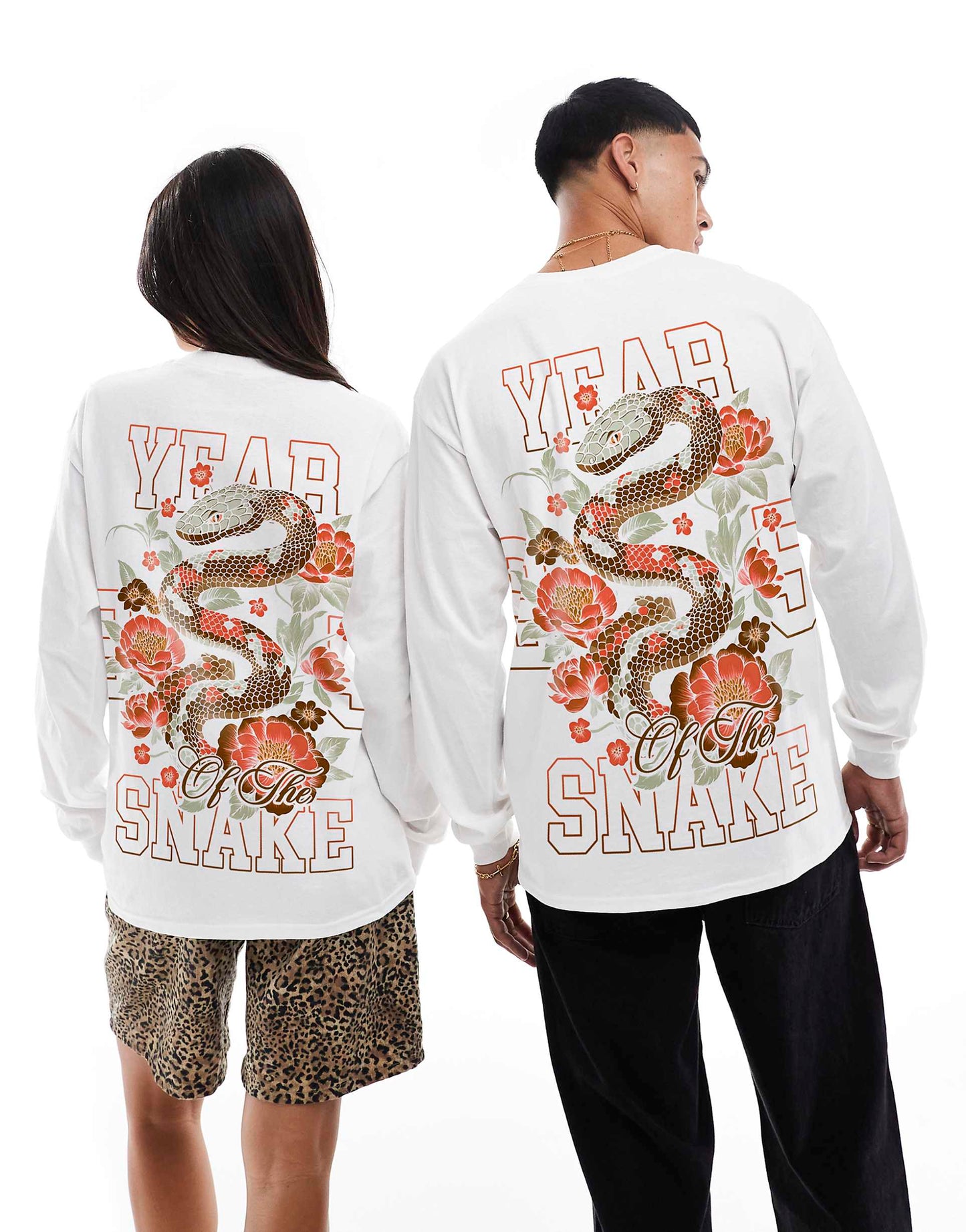 Year Of The Snake White Front Print And Back Print Long Sleeve T-Shirt