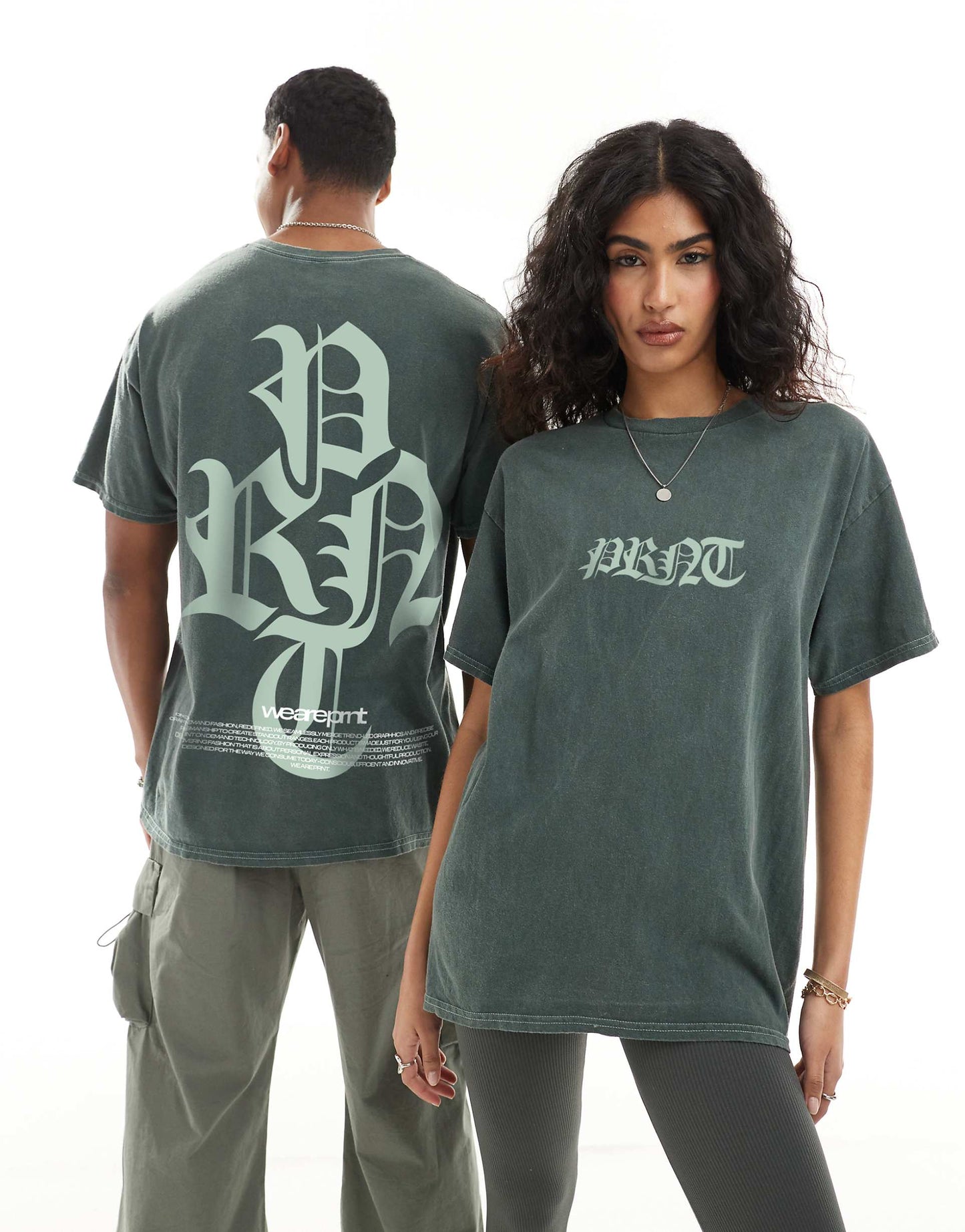 Green Front Print And Back Print Washed T-Shirt
