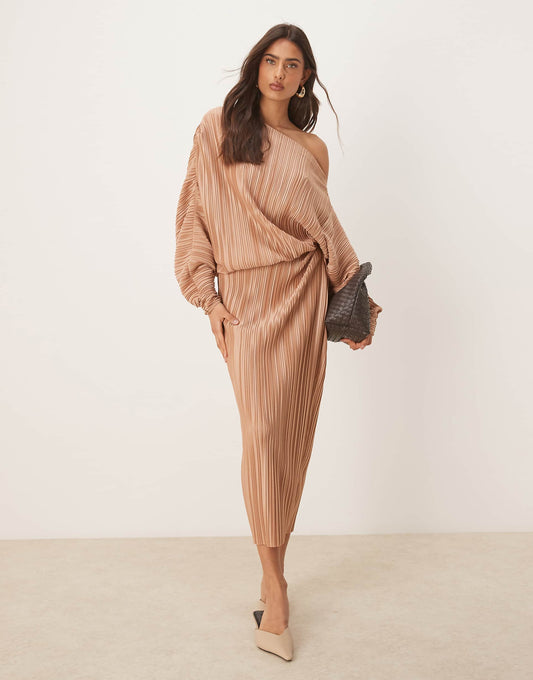 Plisse Fallen Shoulder Long Sleeve Midi Dress