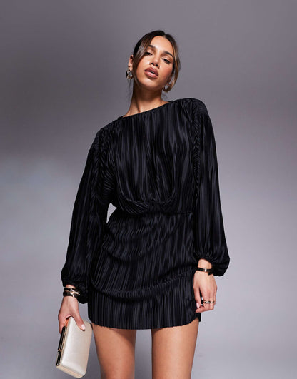 Plisse Blouson Sleeve And Waist Mini Dress
