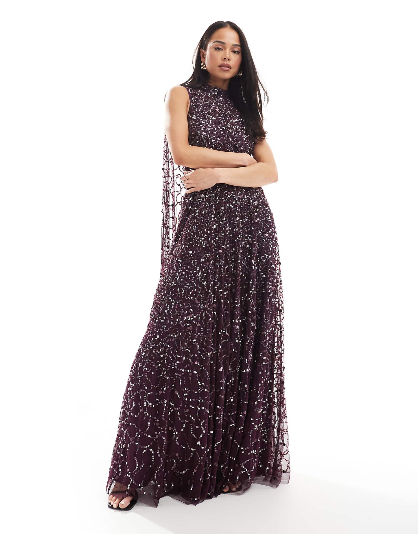 Fully Embellished High Neck Sleeveless Maxi Cape Dress