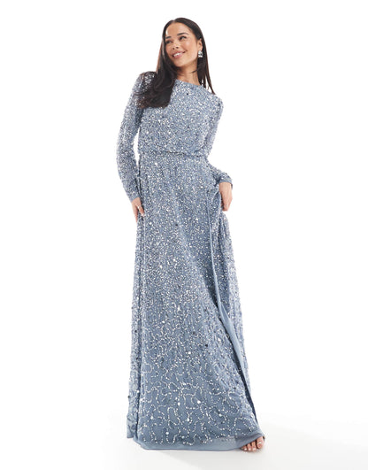 Embellished Long Sleeve Split Maxi Dress