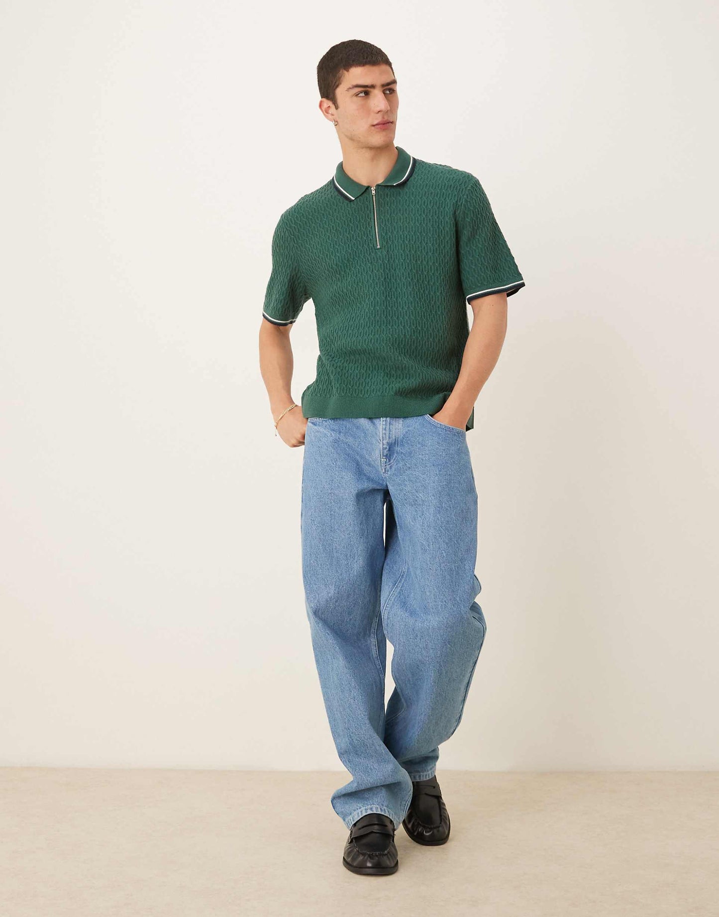 Knitted Half Zip Polo Top With Contrast Binding