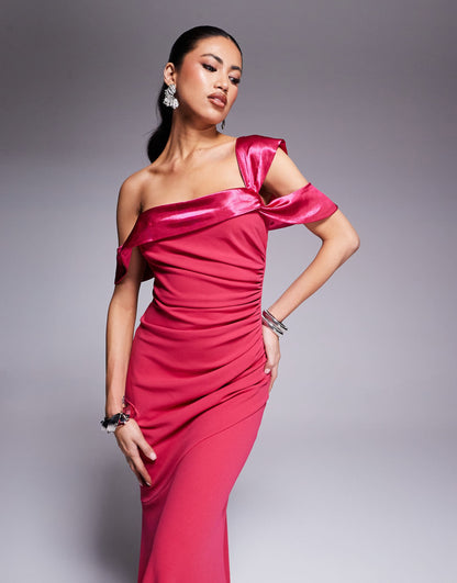 One Shoulder Satin Band Maxi Dress