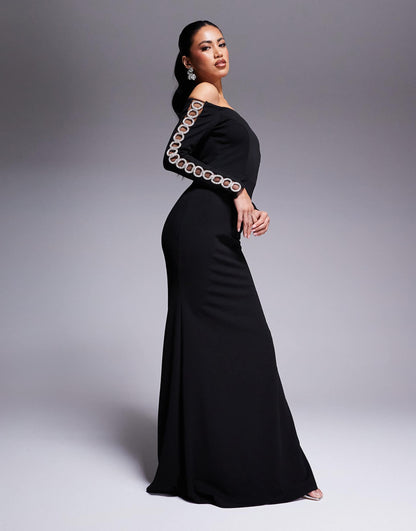 Goddiva Embellished Diamante Sleeve Maxi Dress