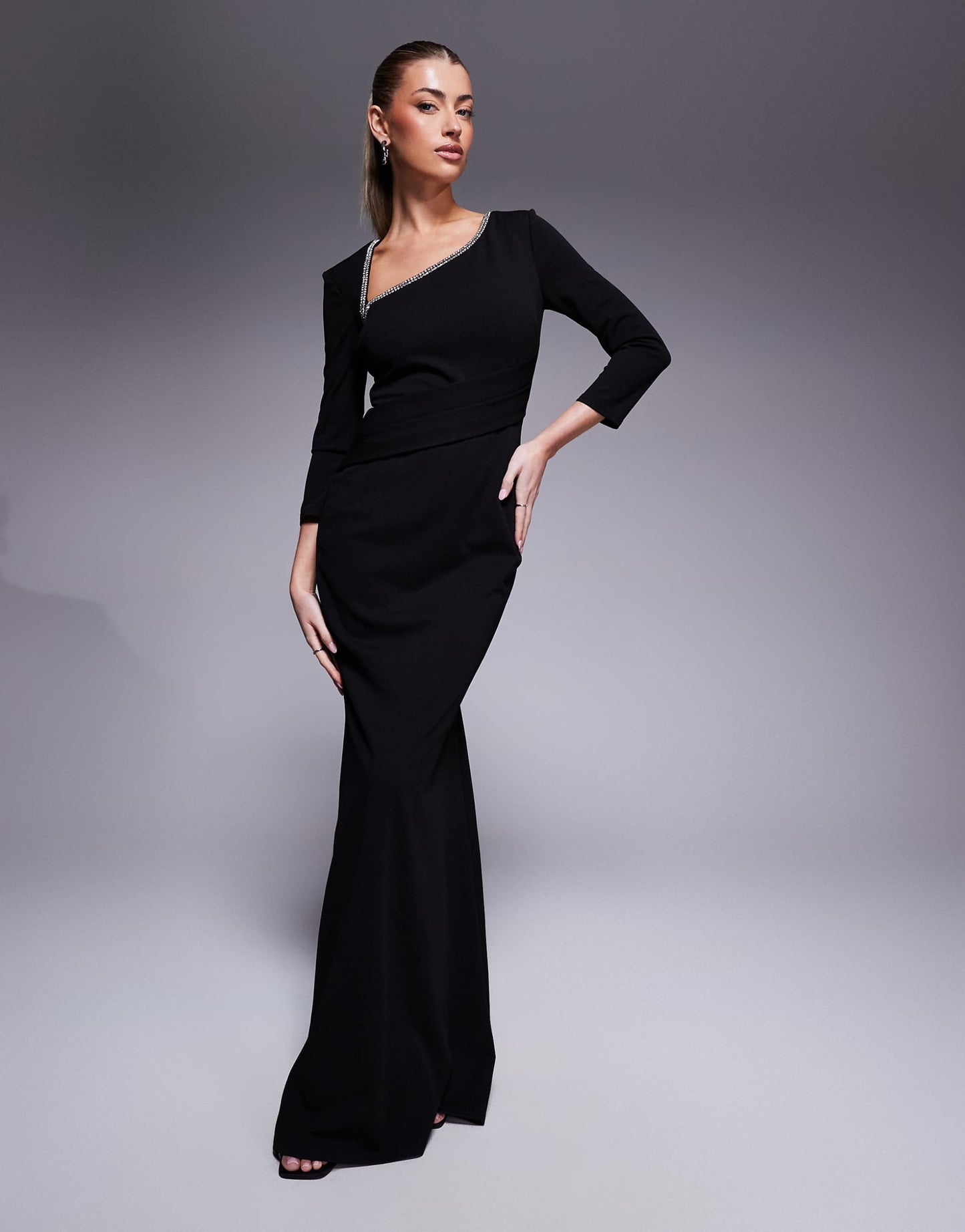 Asymmetric Neck Diamante Embellished Maxi Dress