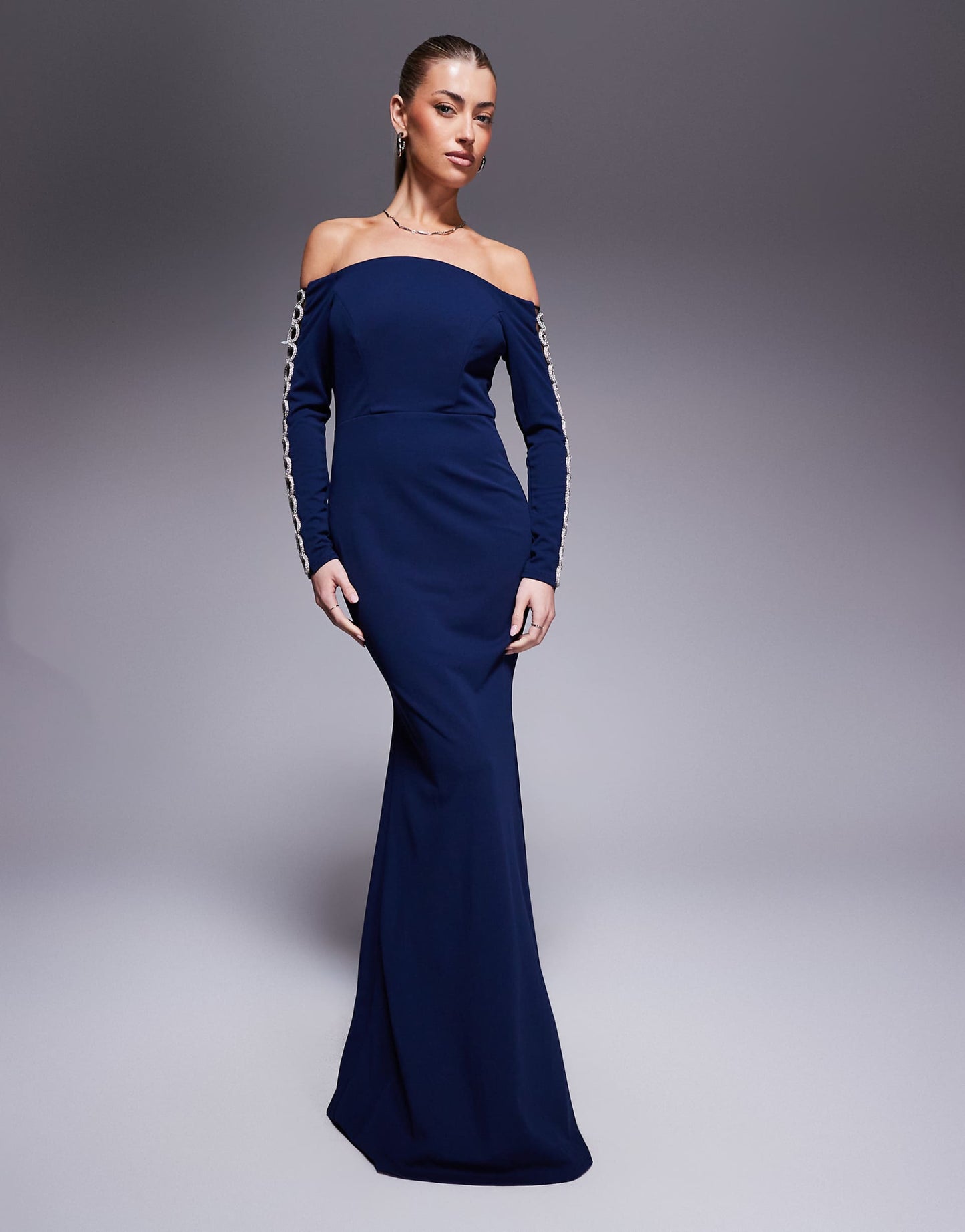 Goddiva Embellished Diamante Sleeve Maxi Dress