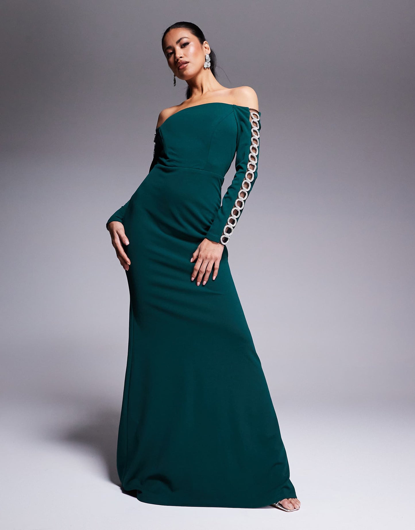 Goddiva Embellished Diamante Sleeve Maxi Dress