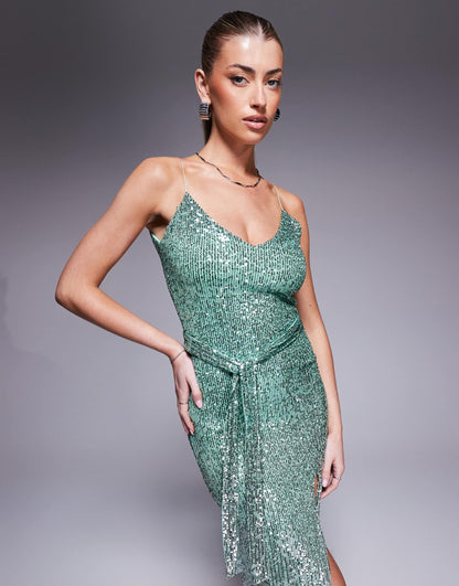 Strappy Plunge Neck Sequin Midaxi Dress