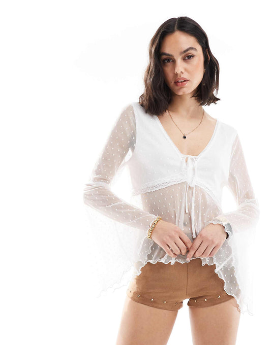 Lace Long Sleeve Flare Sleeve Peplum Top