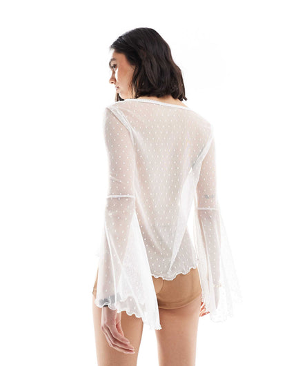 Lace Long Sleeve Flare Sleeve Peplum Top