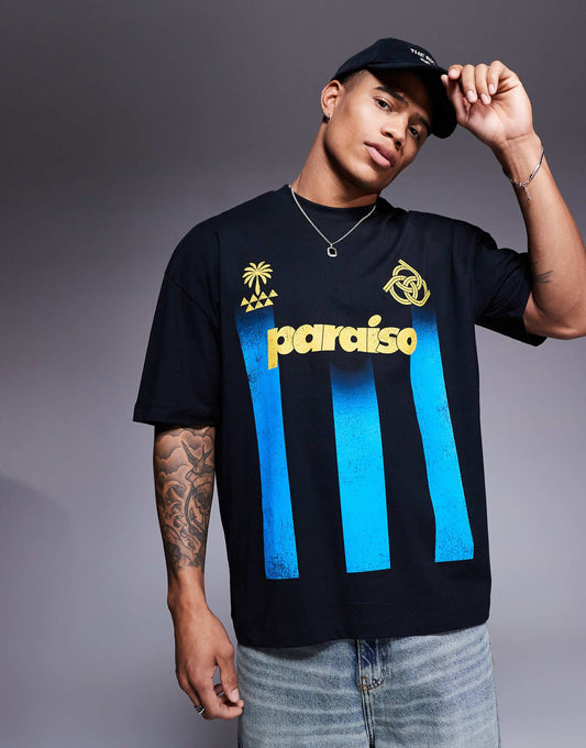 Oversized Striped T-Shirt With Sports Graphic