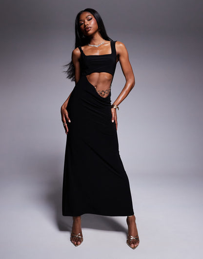 Square Neck Maxi Dress With 90'S Waist Chain Detail And Cowl Cut Out