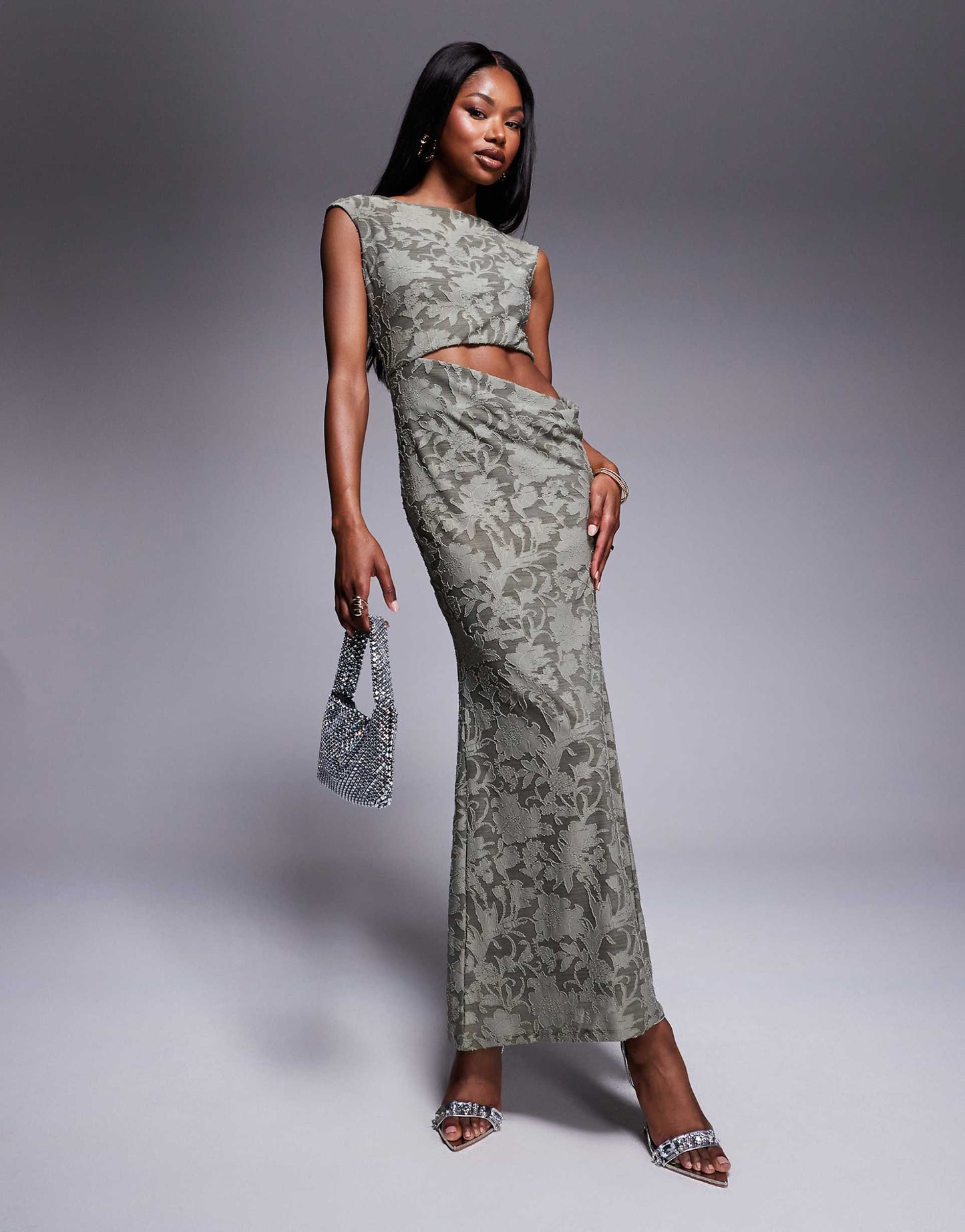 Slash Neck Devore Maxi Dress With Waist Cut Out And Scoop Back