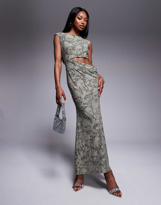 Slash Neck Devore Maxi Dress With Waist Cut Out And Scoop Back