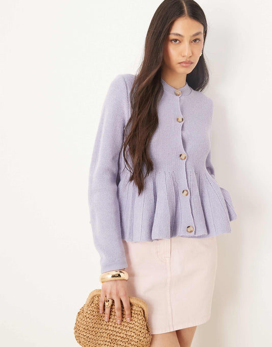 Crew Neck Cardigan With Structured Frill Hem