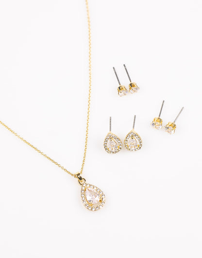 Gold Diamond Simulant Diamante & Pearl Necklace & Earrings Set