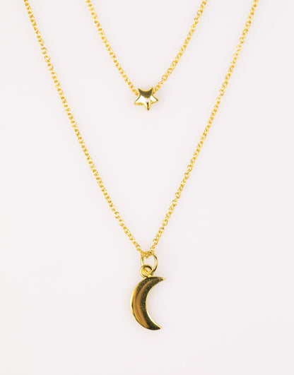 Gold Plated Sterling Silver Moon & Star Double Layer Necklace