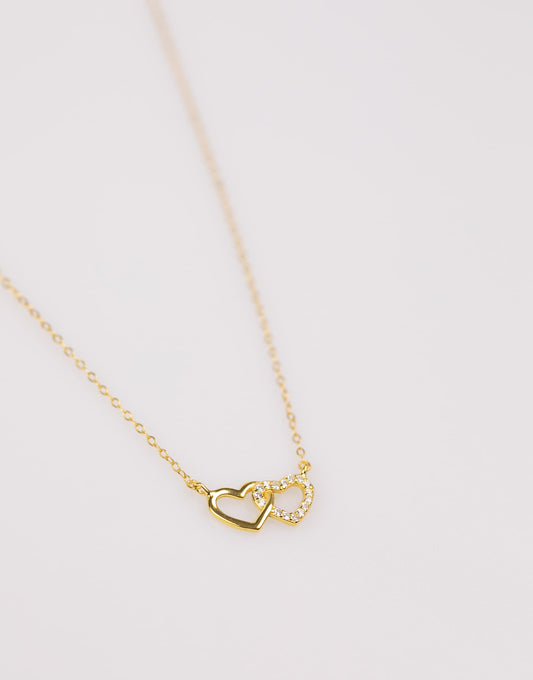 Gold Plated Sterling Silver Double Heart Cubic Zirconia Necklace