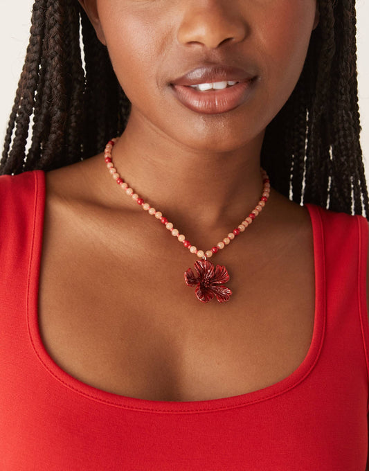 Necklace With Semi Precious Beads And Flower Pendant