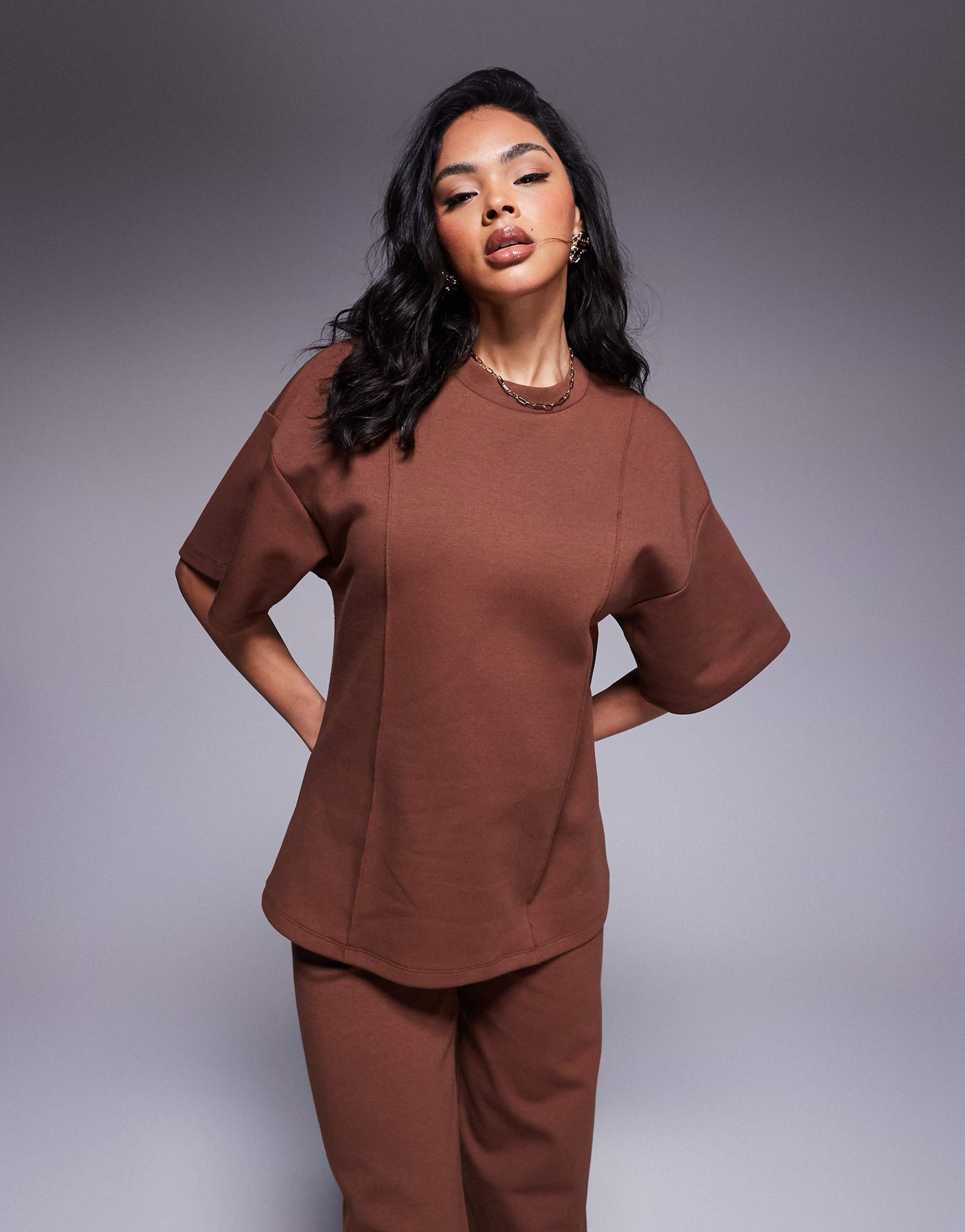 Interlock Oversized Boxy Tee Co Ord With Seam Detail In