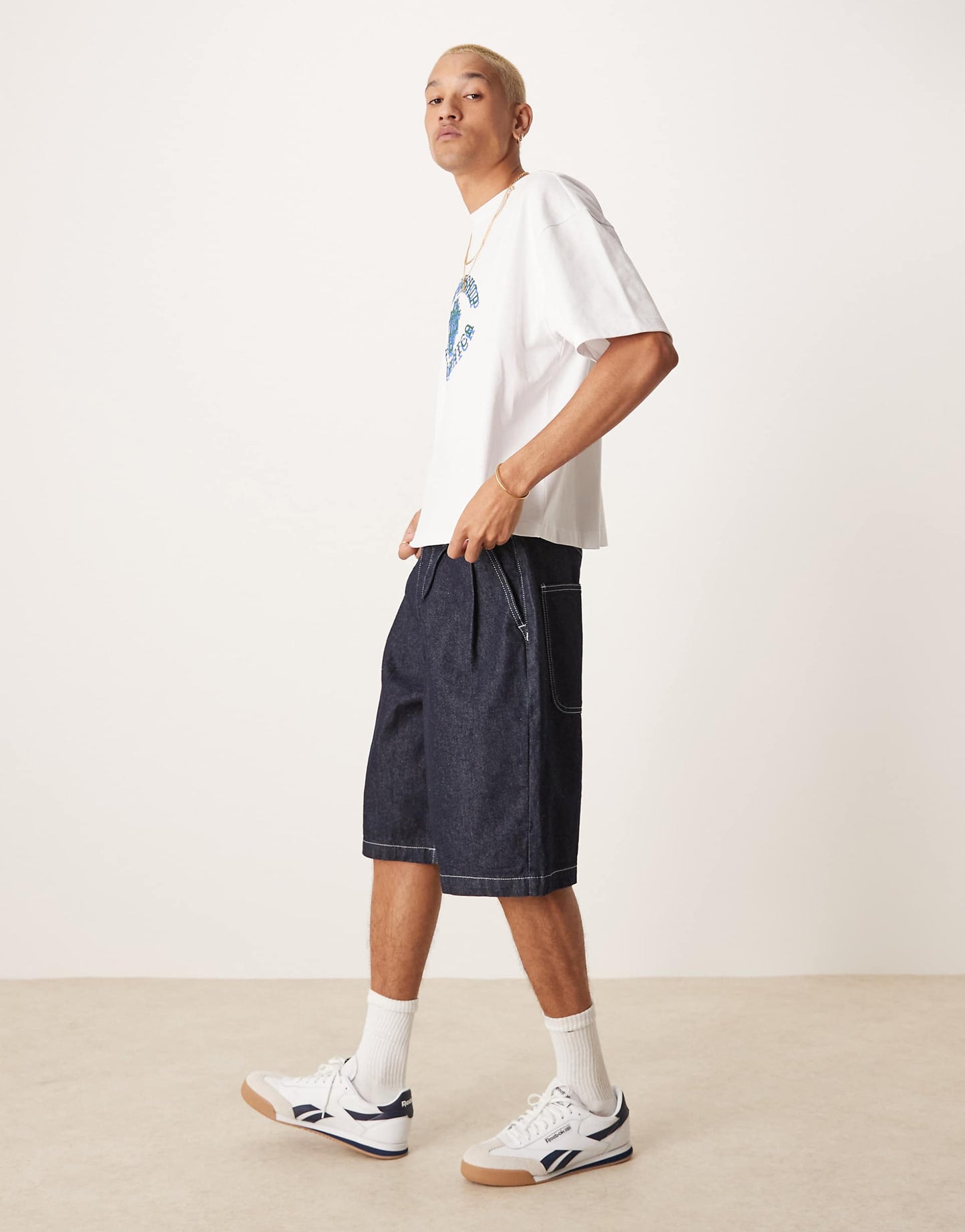 Long Length Denim Jorts With Double Pleat