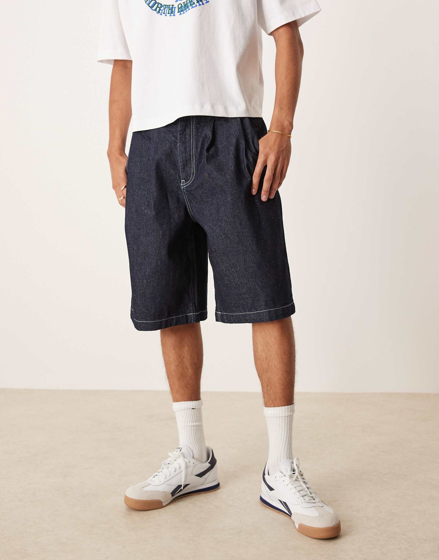 Long Length Denim Jorts With Double Pleat