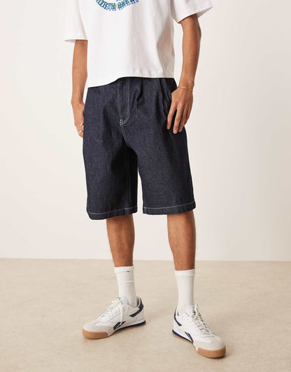 Long Length Denim Jorts With Double Pleat