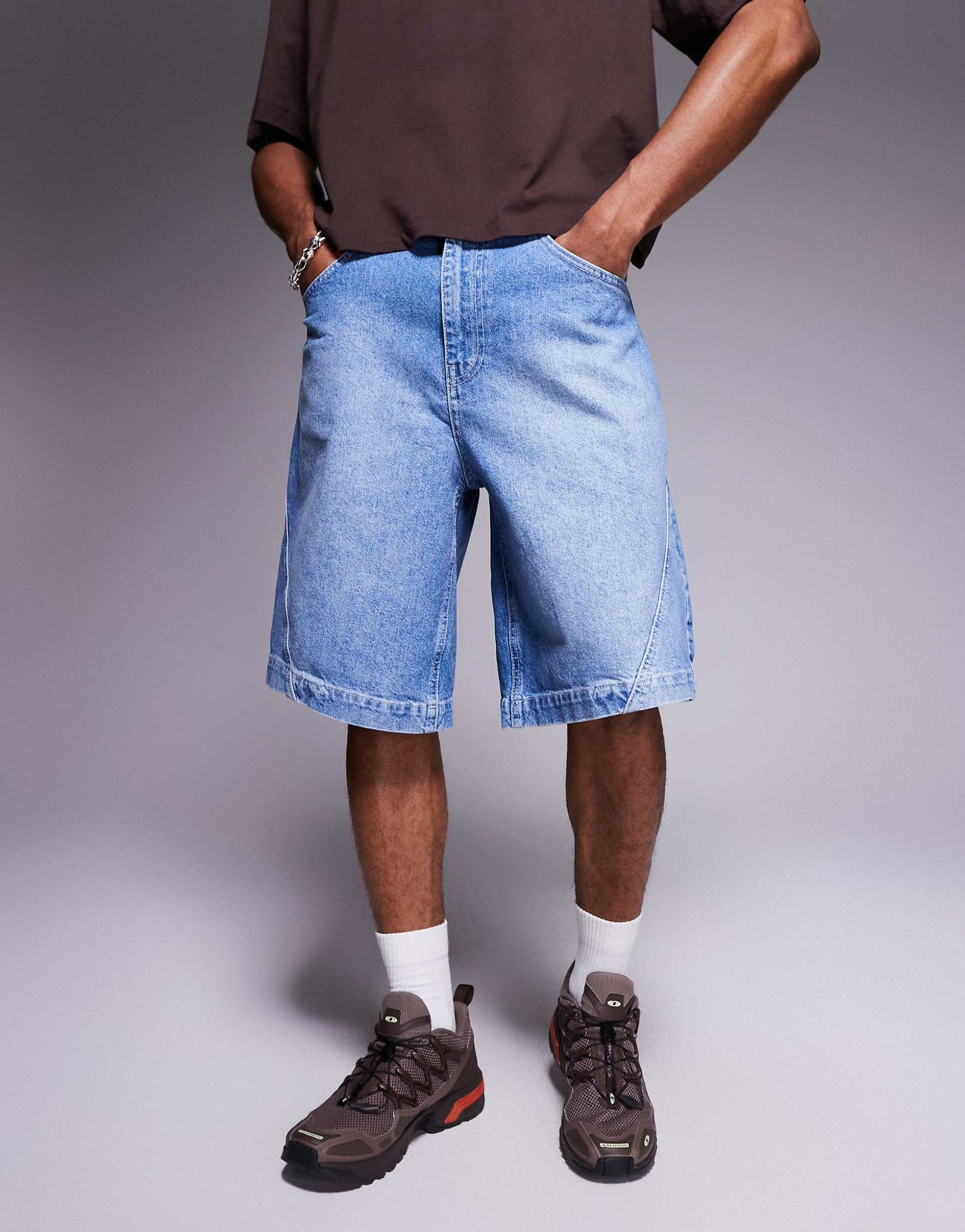 Long Length Denim Jorts With Twisted Seam