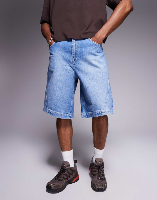 Long Length Denim Jorts With Twisted Seam