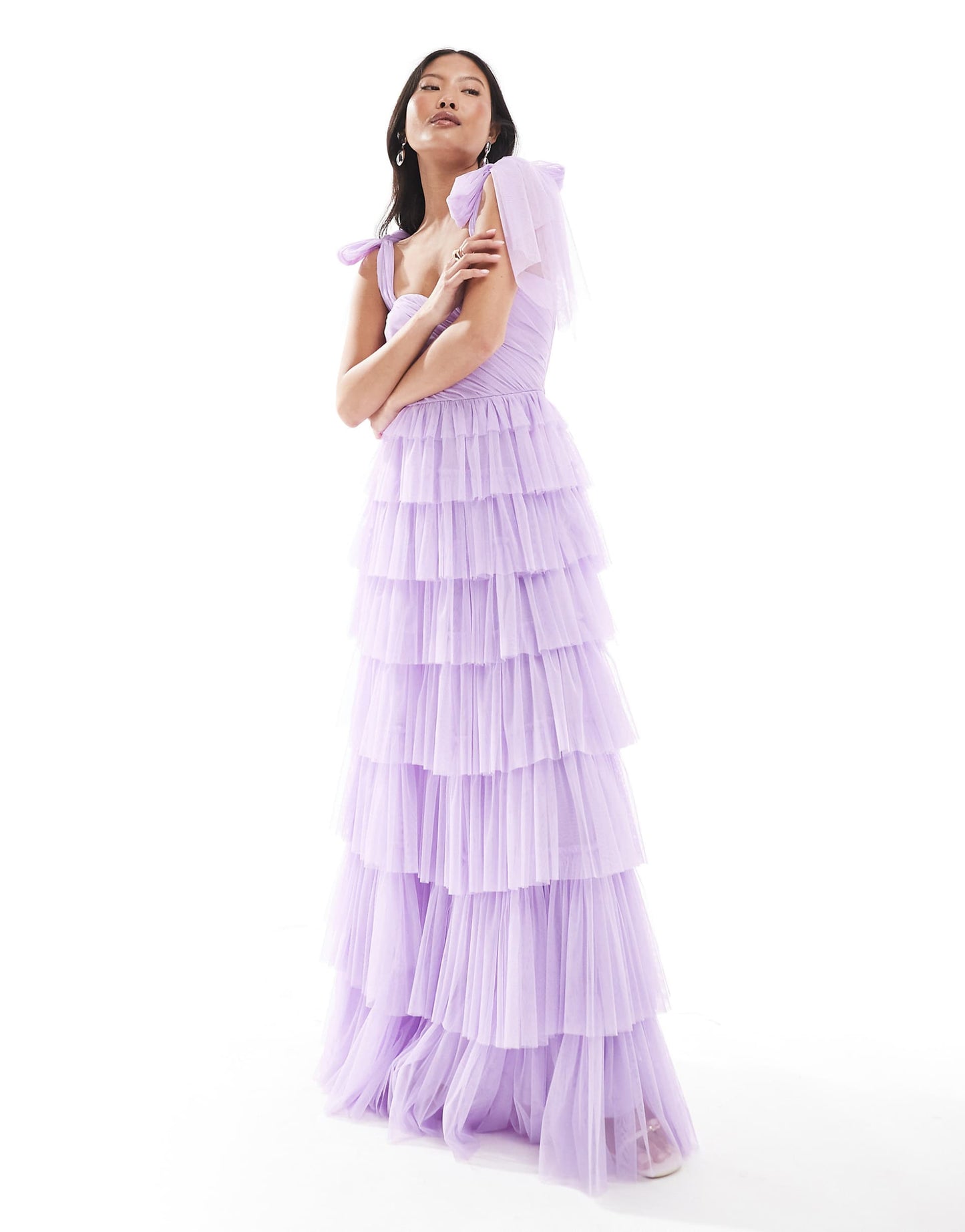 Petite Bridesmaid Bow Shoulder Tulle Maxi Dress