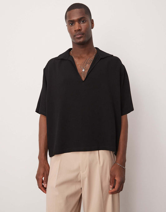 Oversized Boxy Linen Mix Shirt With Deep V Neck