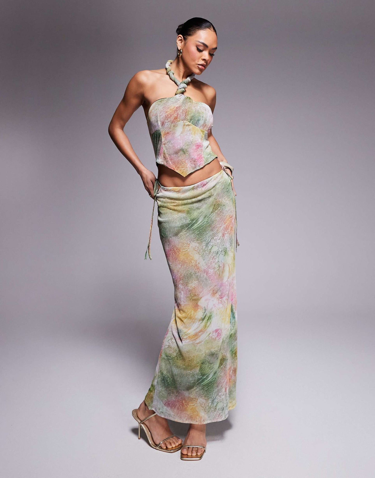 Mesh Bardot Faux-Ord With Twisted Straps Maxi Dress