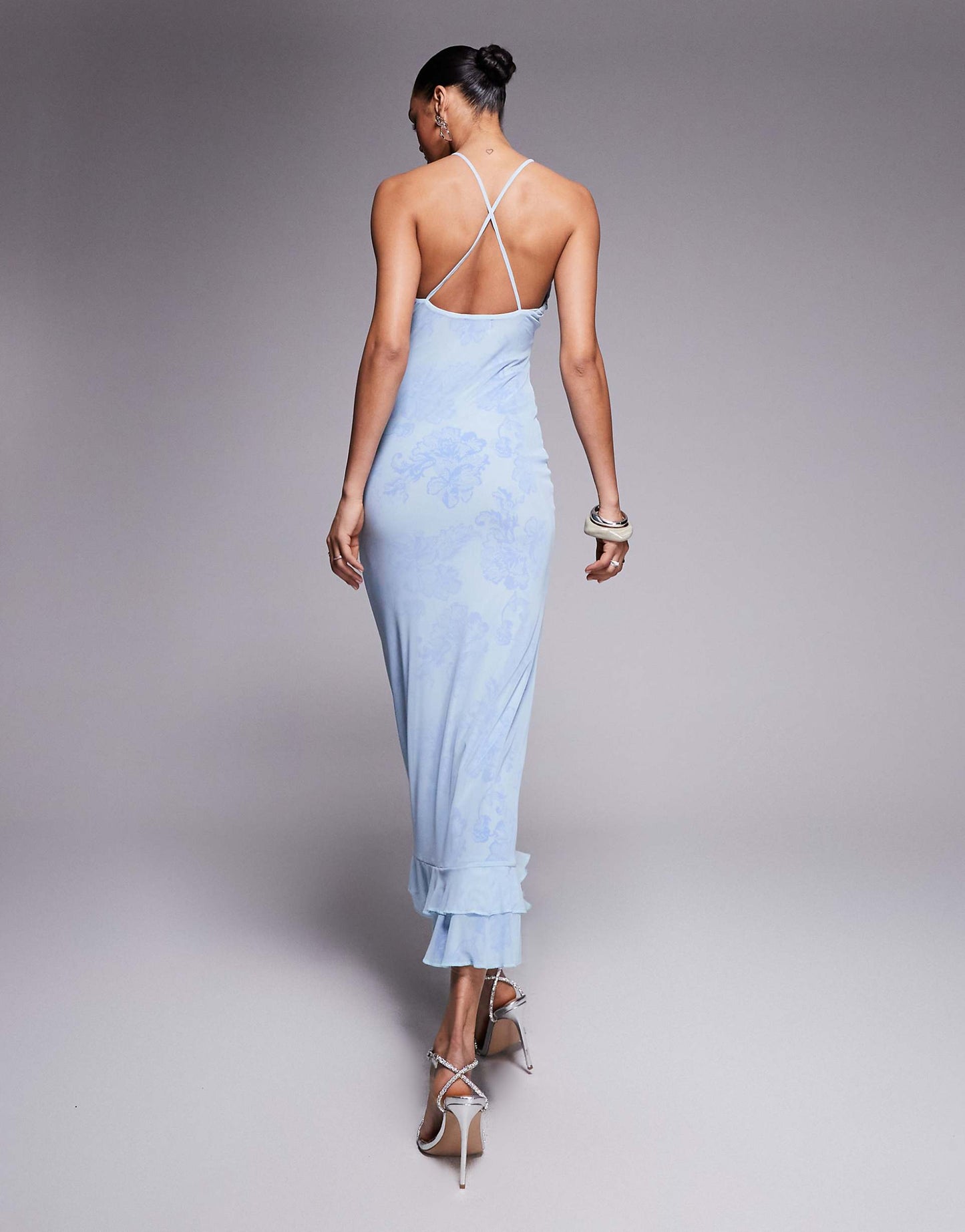 Double Layer Mesh And Lace Print Cami Maxi Dress With Ruffle Hem