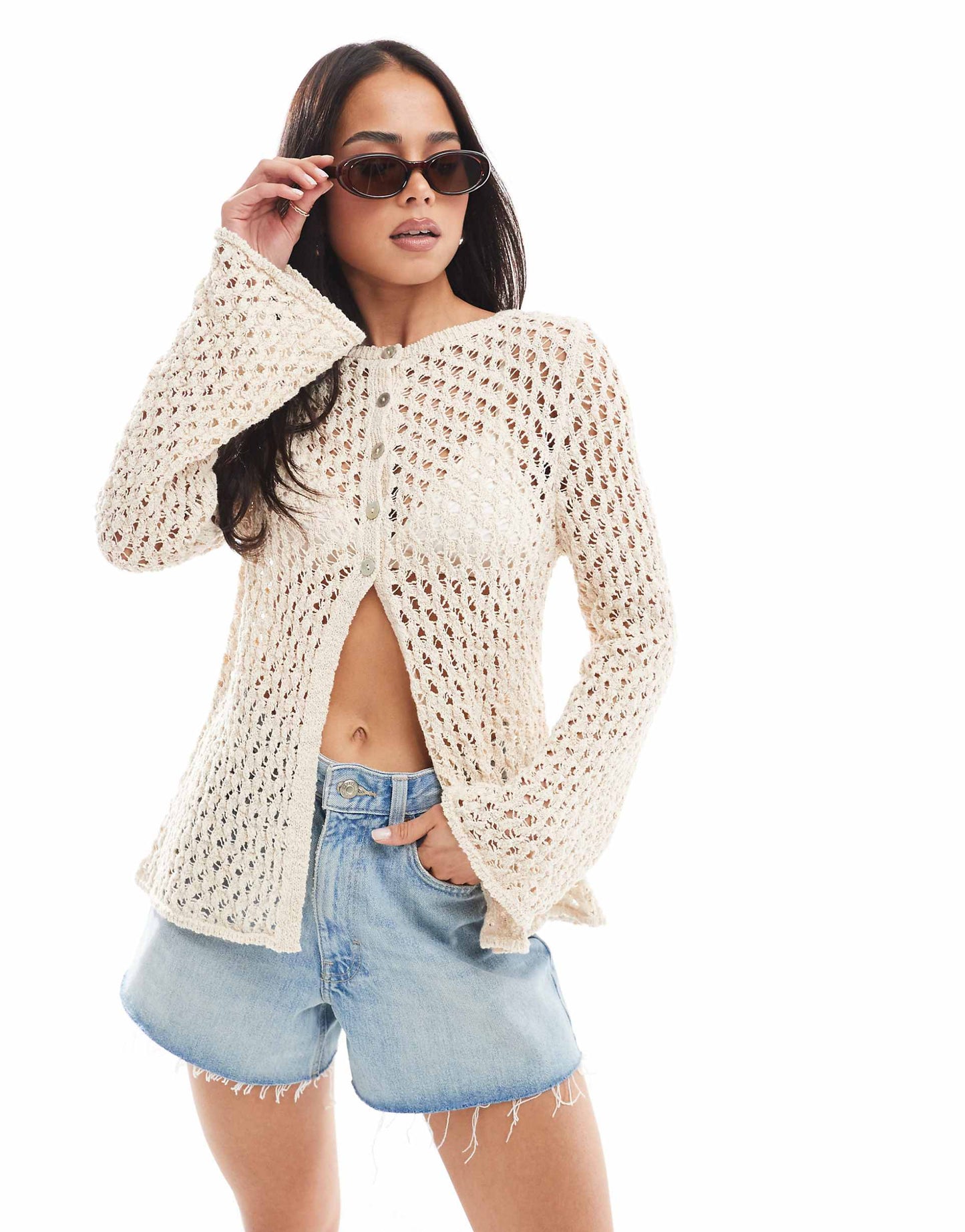 Slash Neck Open Crochet Knit Cardigan