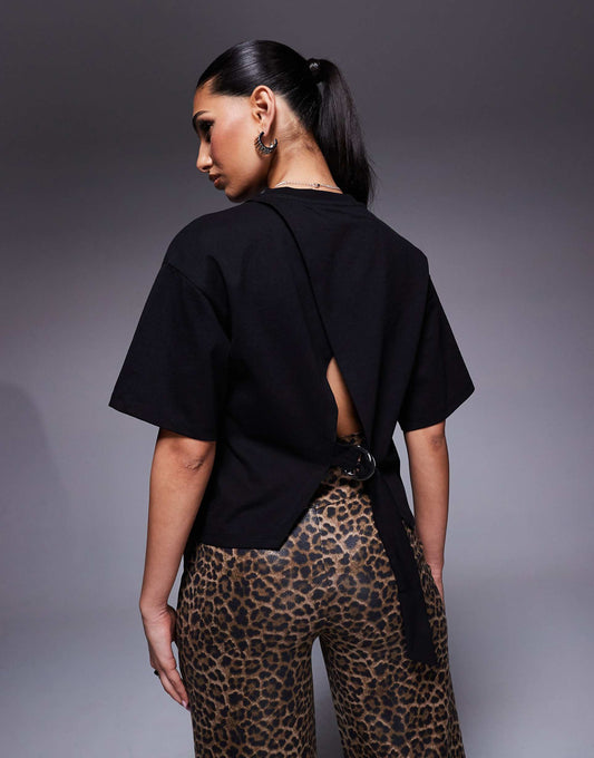 Cinched Back T Shirt With Open Back And D Ring Detail