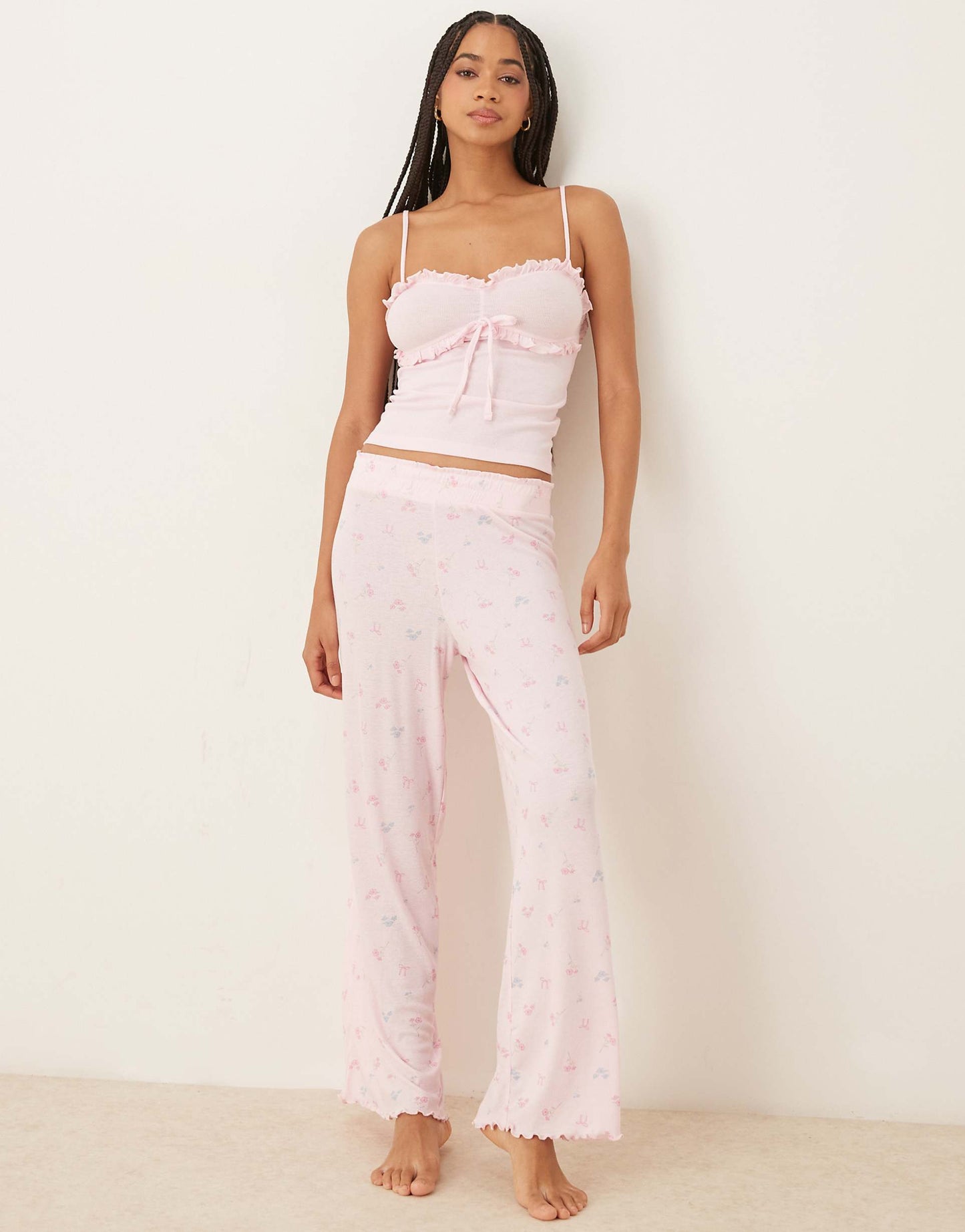 Rib Frill Cami And Floral Bow Pant Set